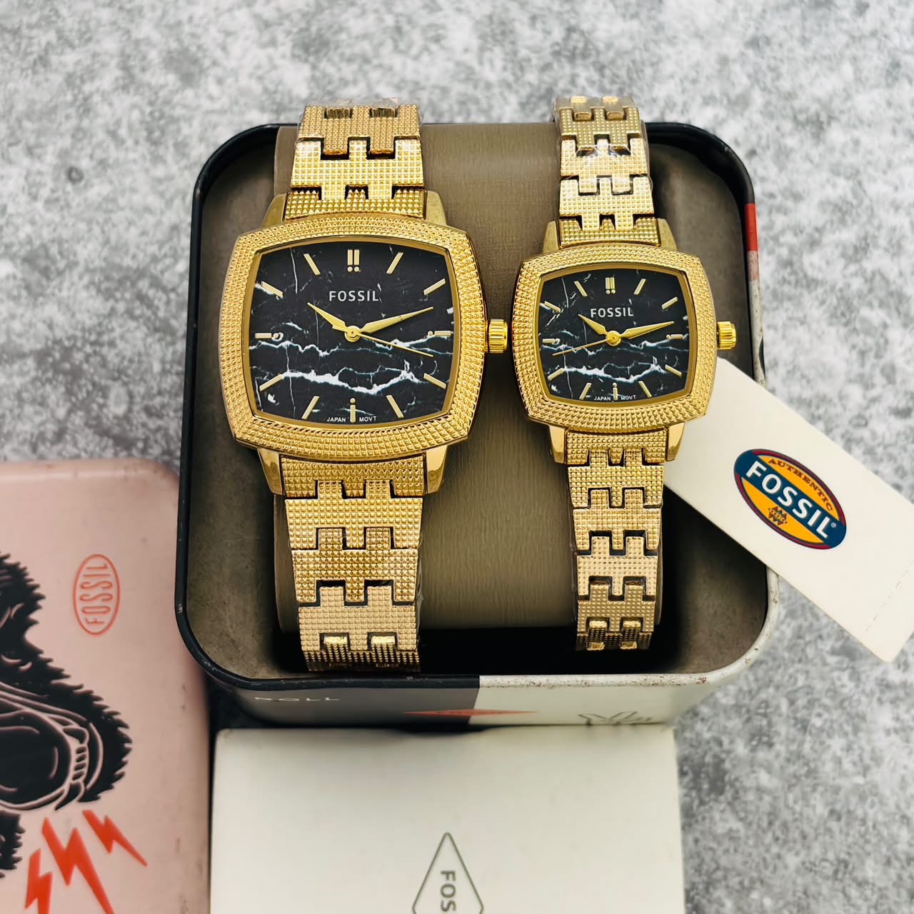 Fossil Nick Jonas Black Dial Metal Belt Couple Watch