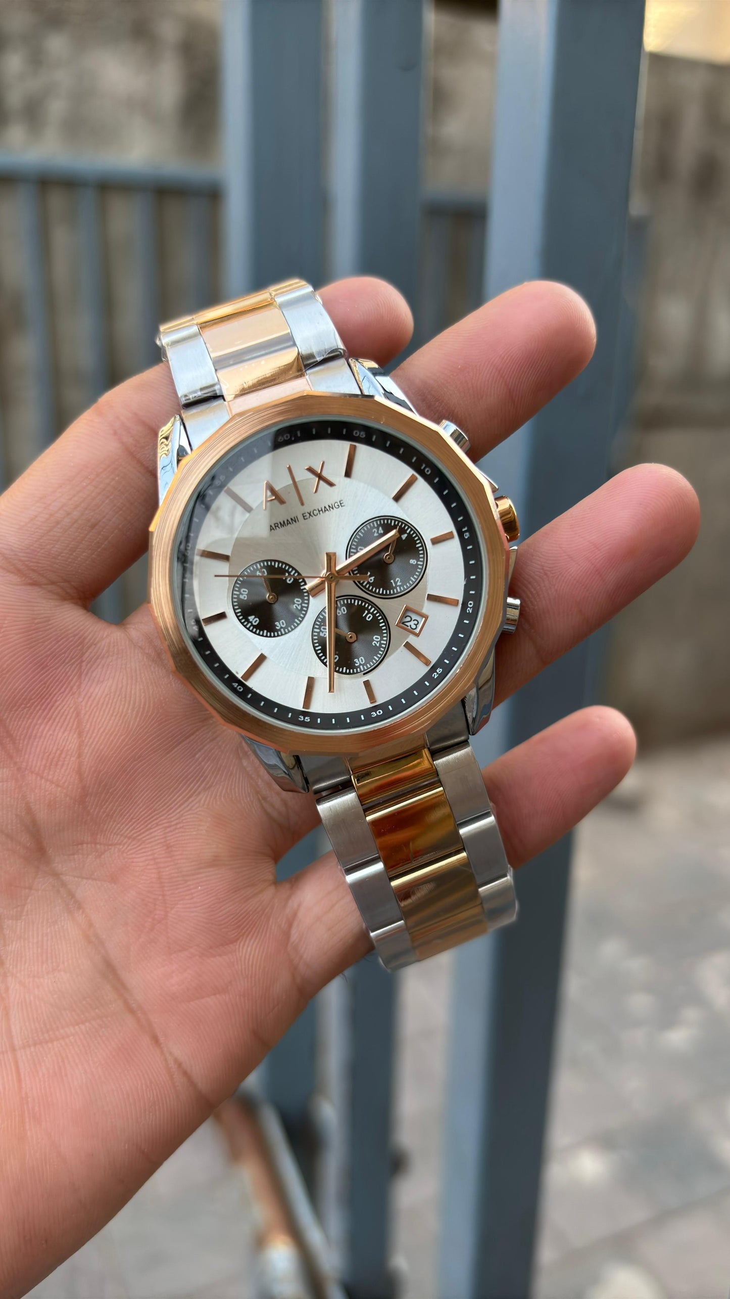 Armani-Ex-change White Dial Chronograph Two Tone Metal Belt Watch For Men's