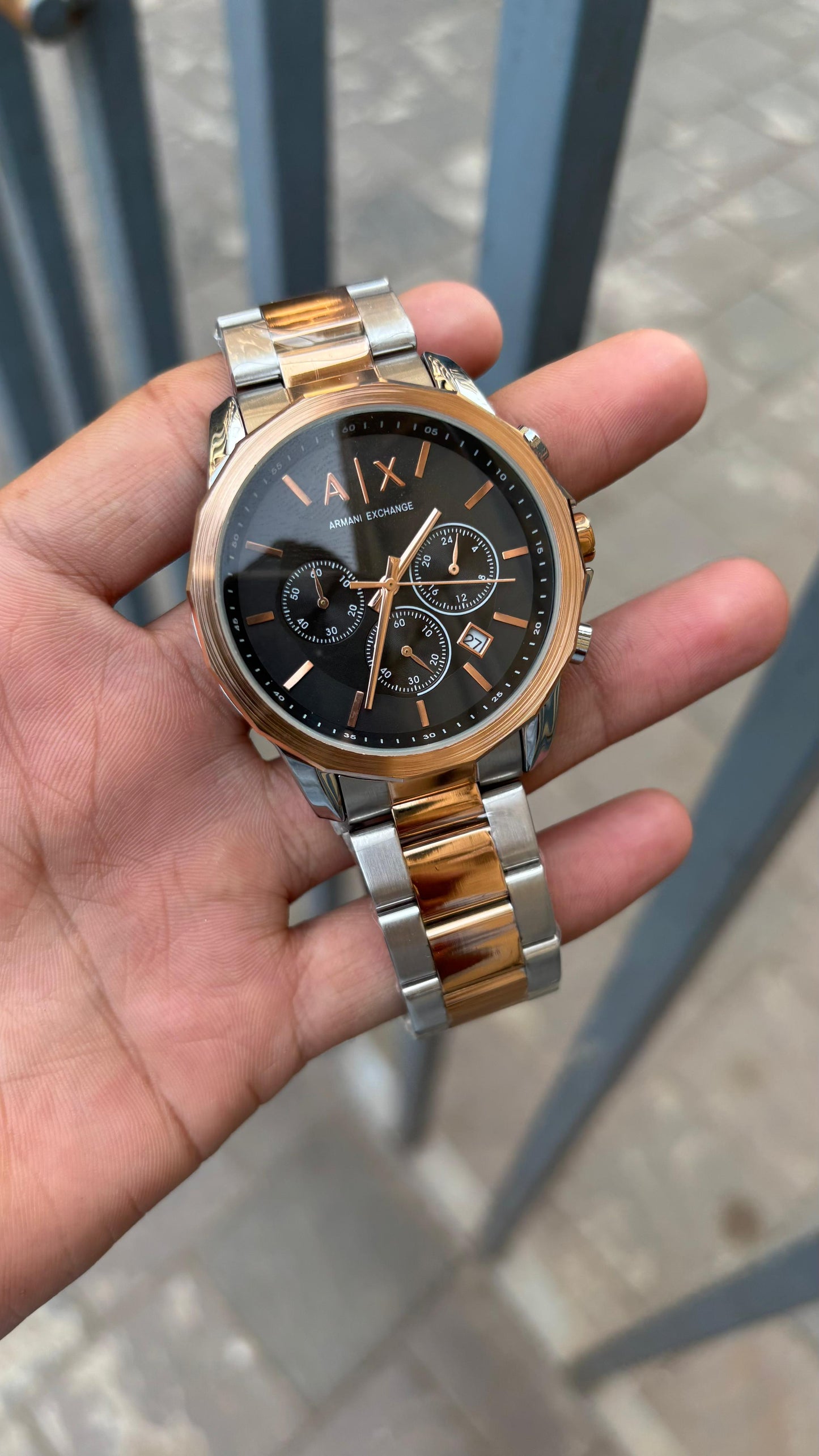 Armani-Ex-change Black Dial Chronograph Two-tone Metal Belt Men's Watch
