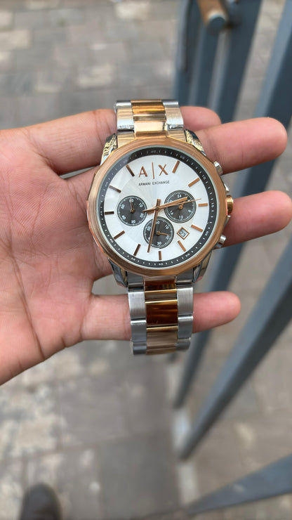 Armani-Ex-change White Dial Chronograph Two Tone Metal Belt Watch For Men's