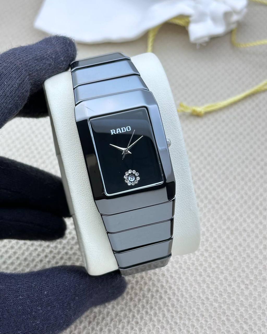 Rado Square Silver Black Dial Ciramic Belt Men's Watch