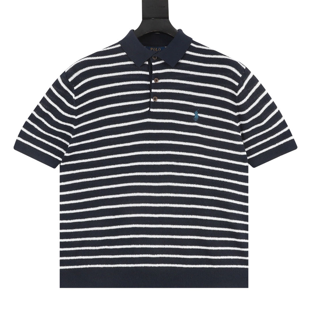 Ralph Lauren Pony Logo Striped Knitted Polo Shirt Navy/White