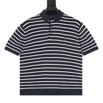 Ralph Lauren Pony Logo Striped Knitted Polo Shirt Navy/White
