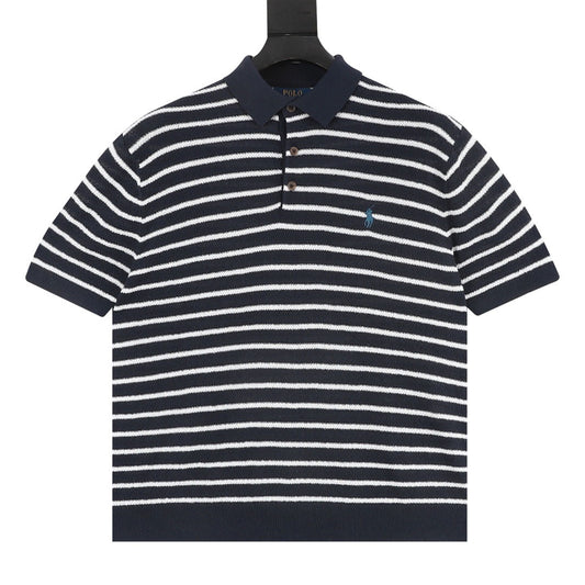 Ralph Lauren Pony Logo Striped Knitted Polo Shirt Navy/White