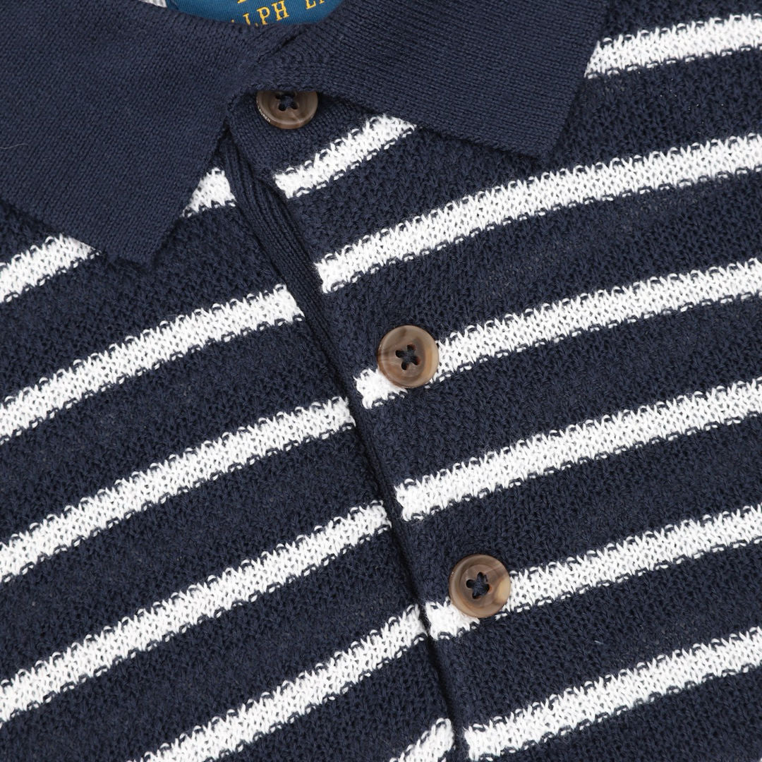 Ralph Lauren Pony Logo Striped Knitted Polo Shirt Navy/White
