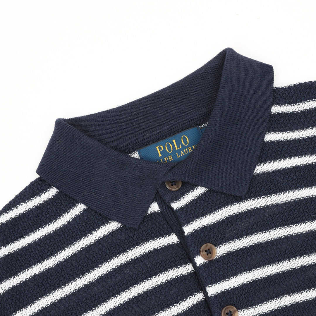 Ralph Lauren Pony Logo Striped Knitted Polo Shirt Navy/White