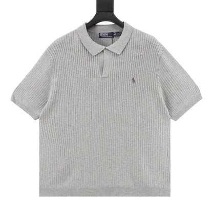Ralph Lauren Pony Lapel Striped Polo Shirt Gray