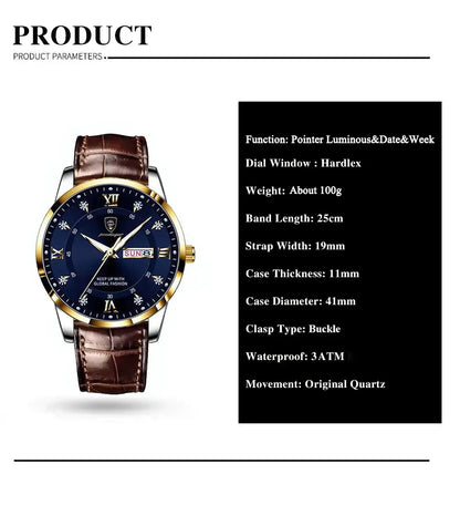 POEDAGAR Classic Day-Date Leather Watch