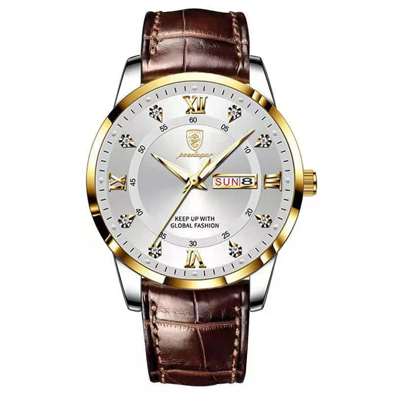 POEDAGAR Classic Day-Date Leather Watch
