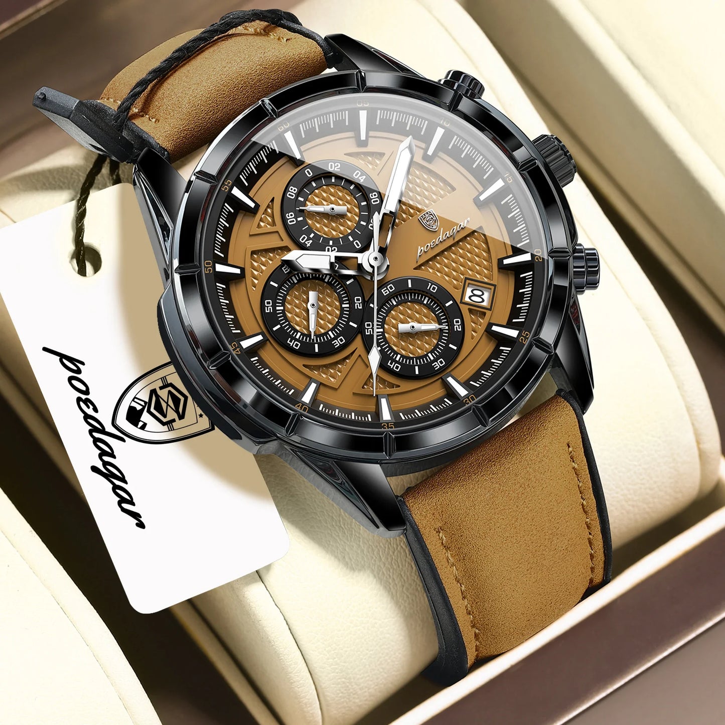 POEDAGAR Vintage Chrono Leather Watch