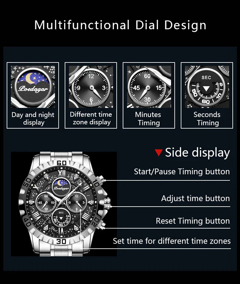 POEDAGAR Chrono Steel Watch