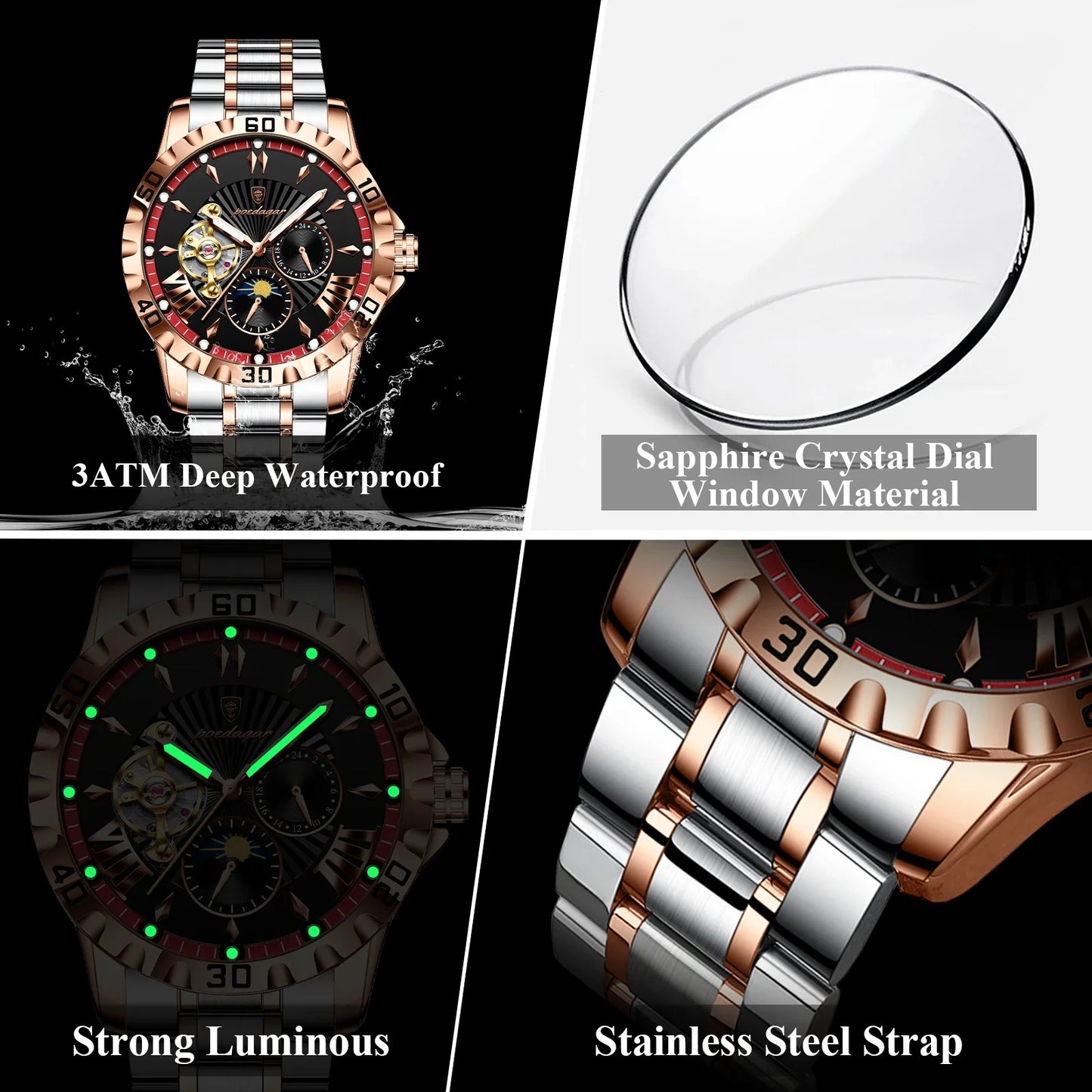 POEDAGAR Prestige Automatic Skeleton Sport Watch