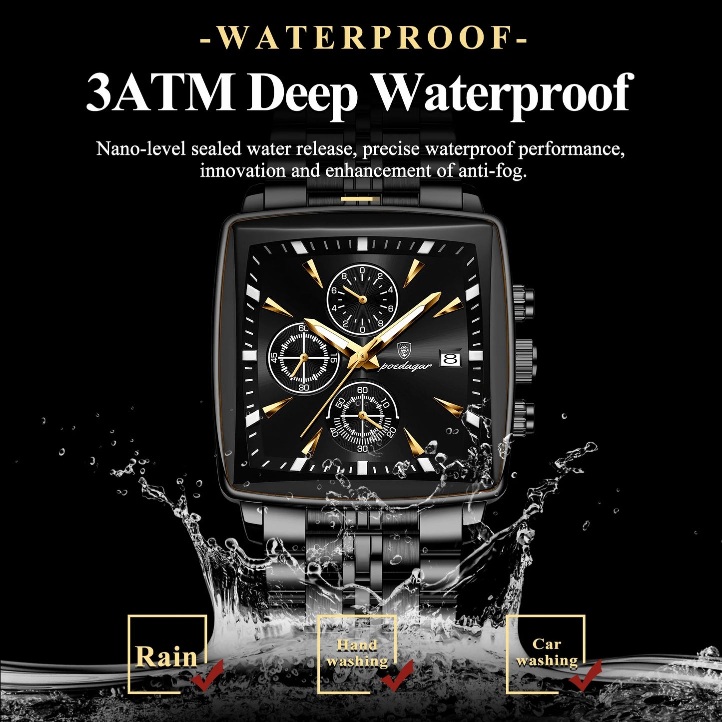 POEDAGAR Square Steel Watch
