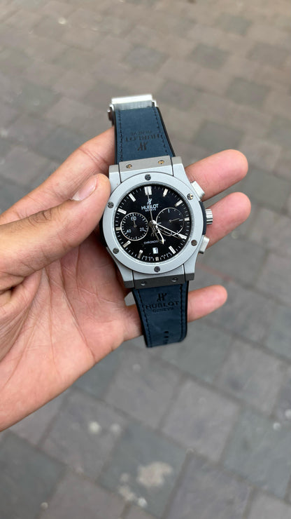 Hu-blot Silver Black Dial Chronograph Blue Leather Belt Watch For Men's