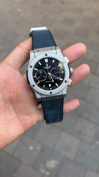 Hu-blot Silver Black Dial Chronograph Blue Leather Belt Watch For Men's