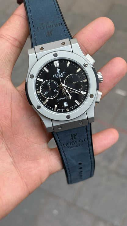Hu-blot Silver Black Dial Chronograph Blue Leather Belt Watch For Men's