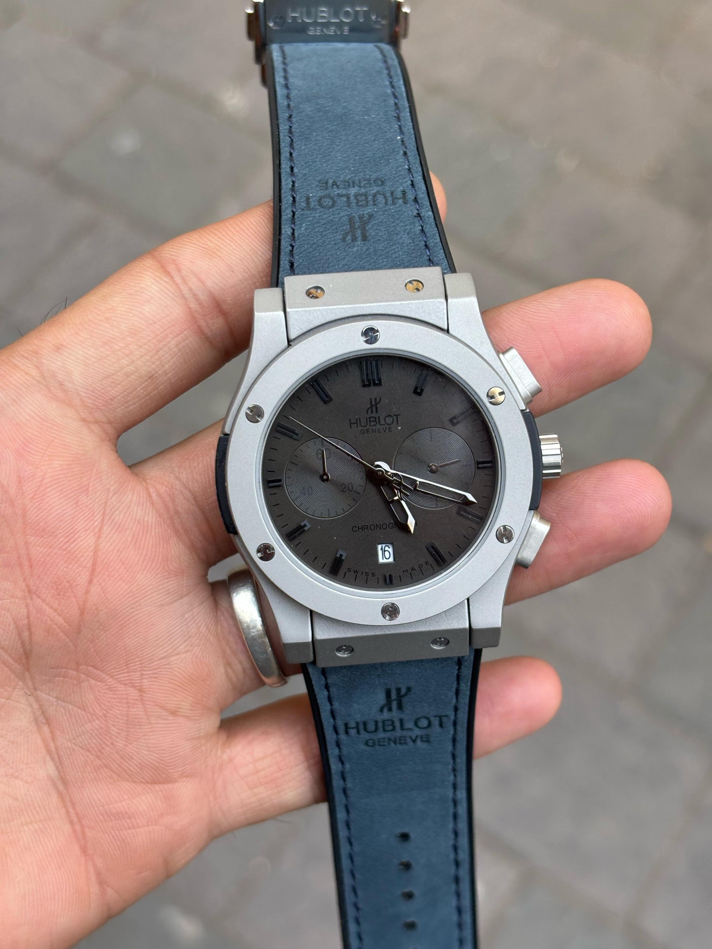 Hublot Black Dial Chronograph Blue Leather Belt Men's Watch