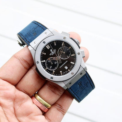 Hu-blot Silver Black Dial Chronograph Blue Leather Belt Watch For Men's