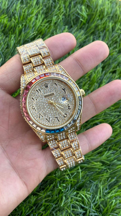 Ro-lex Analog Rainbow Dial Arabic Numerals Full Gold Diamond Men’s Watch