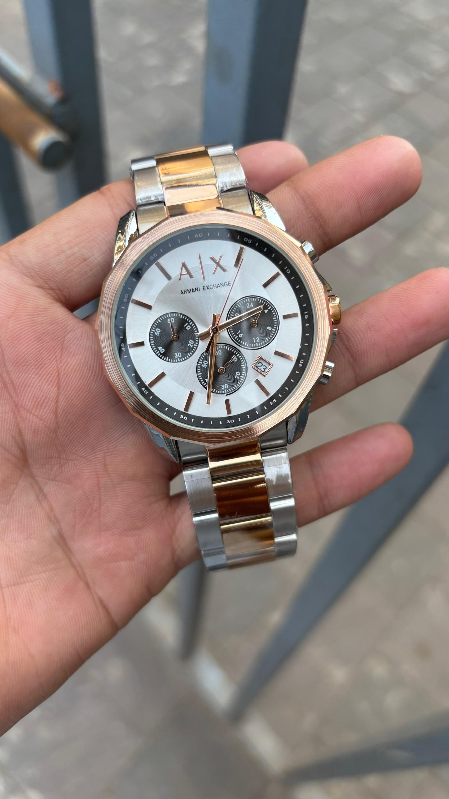 Armani-Ex-change White Dial Chronograph Two Tone Metal Belt Watch For Men's